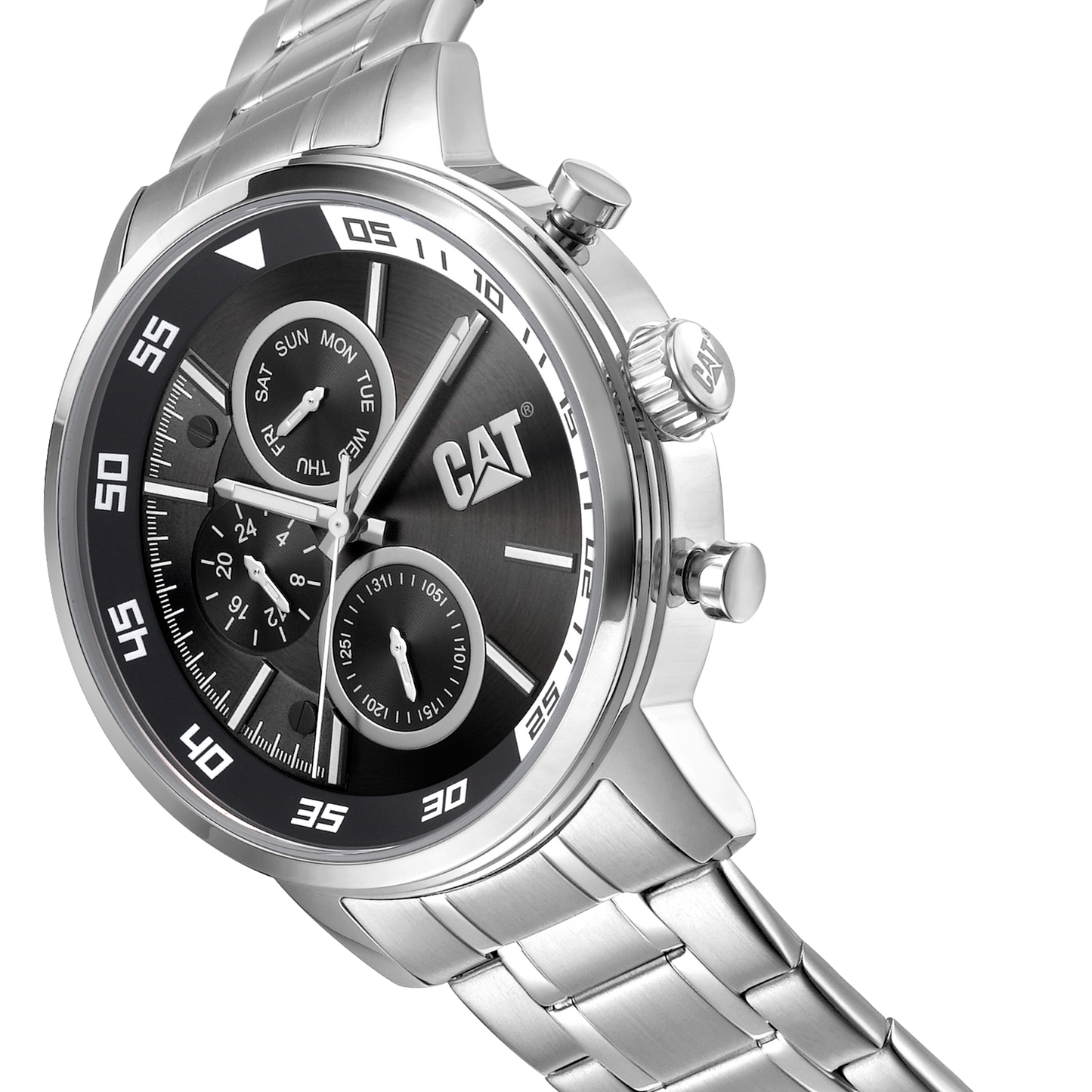 Reloj de vela con esfera negra y correa de acero inoxidable.
