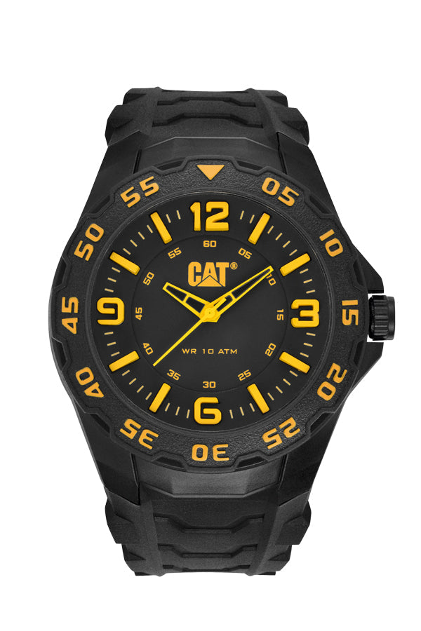 Reloj Motion con esfera negra y amarilla y correa de caucho negra