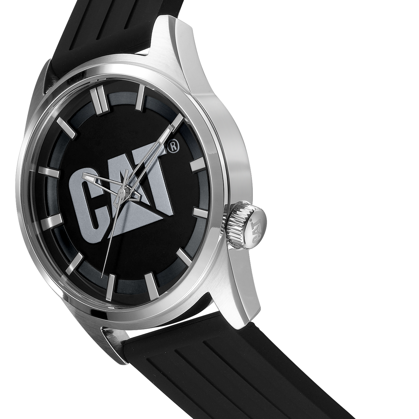 Reloj Icon de acero inoxidable con esfera negra y plateada y correa de silicona.