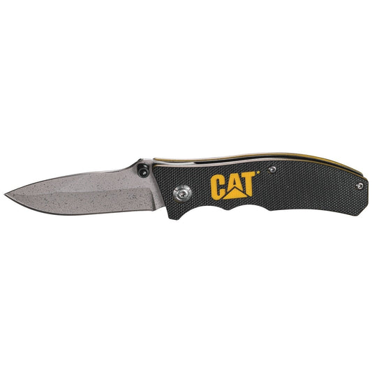 Navaja plegable de punta caída de 6" con mango negro y logotipo amarillo