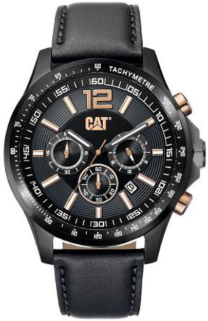 Reloj Cat® con detalles en negro y rosa, esfera múltiple y correa de piel negra