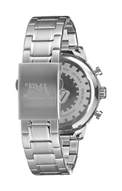 Reloj de vela con esfera negra y correa de acero inoxidable.