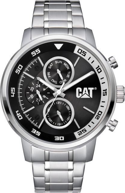 Reloj de vela con esfera negra y correa de acero inoxidable.