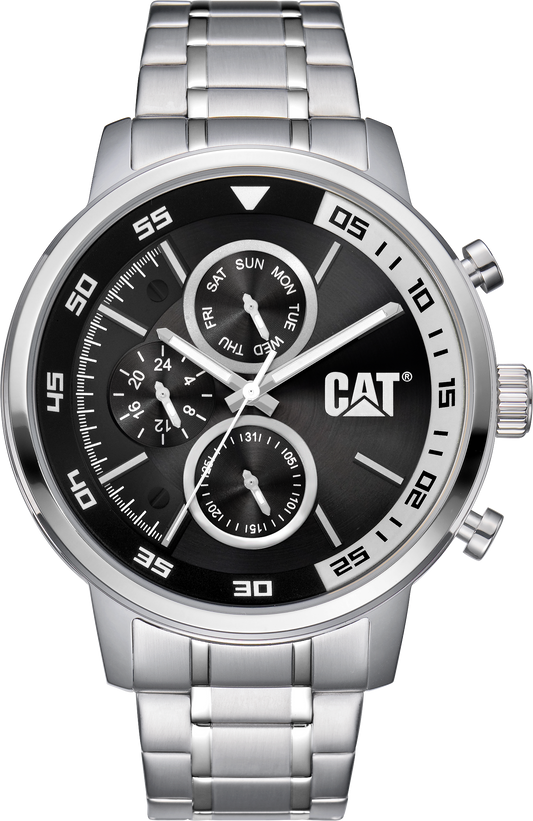 Reloj de vela con esfera negra y correa de acero inoxidable.