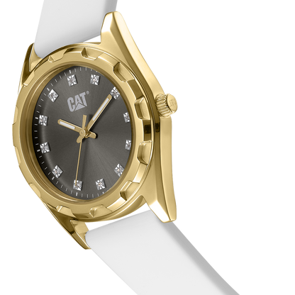 Reloj Cali Lady de acero inoxidable con esfera gris y correa de silicona blanca