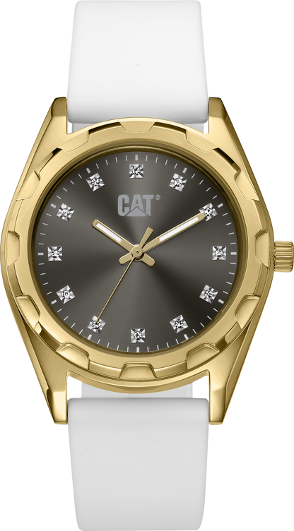Reloj Cali Lady de acero inoxidable con esfera gris y correa de silicona blanca