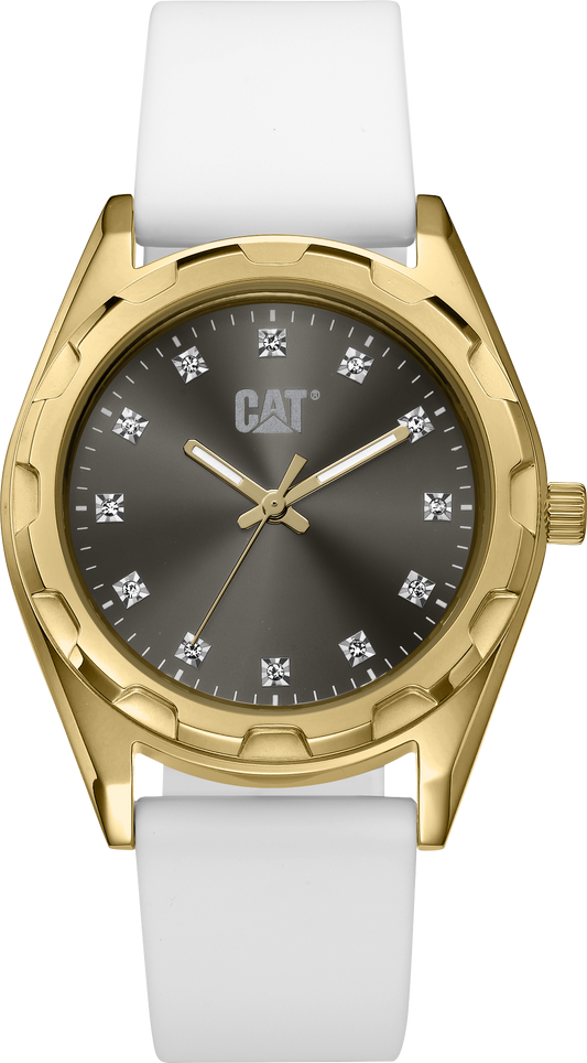 Reloj Cali Lady de acero inoxidable con esfera gris y correa de silicona blanca