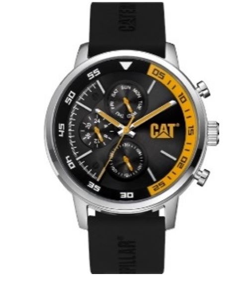 Reloj de vela con esfera negra/amarilla, acero inoxidable y correa de silicona.
