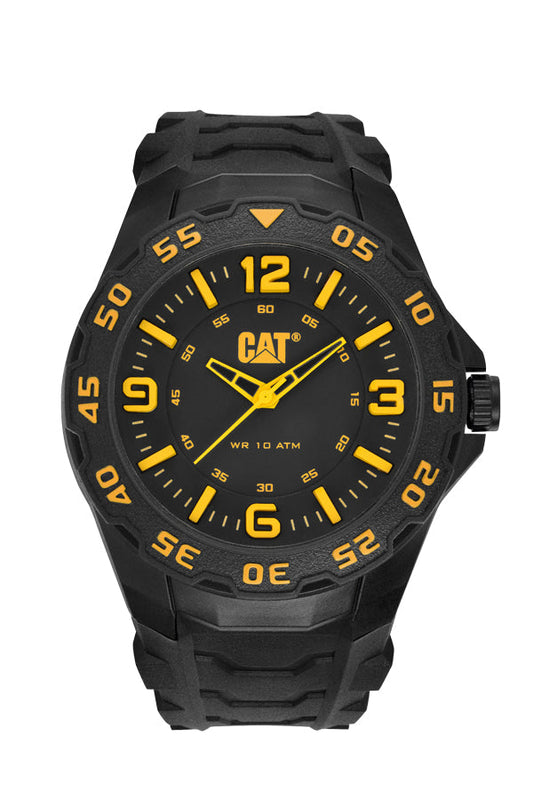 Reloj Motion con esfera negra y amarilla y correa de caucho negra