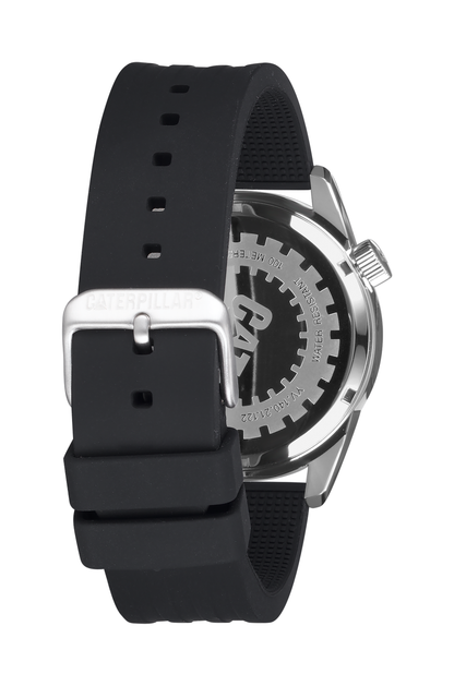 Reloj Icon de acero inoxidable con esfera negra y plateada y correa de silicona.