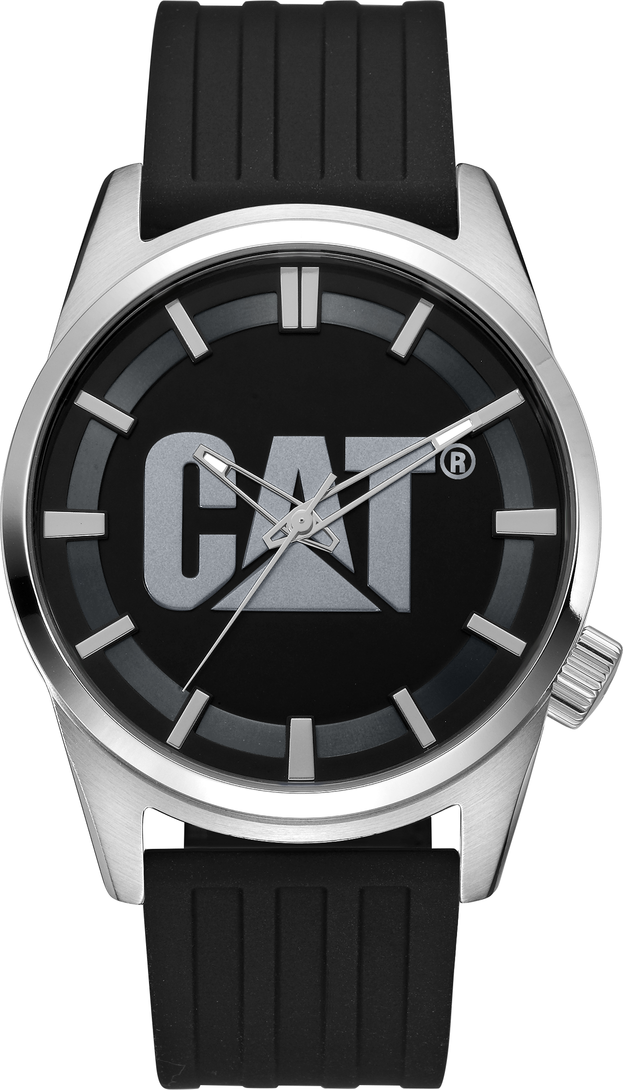 Reloj Icon de acero inoxidable con esfera negra y plateada y correa de silicona.