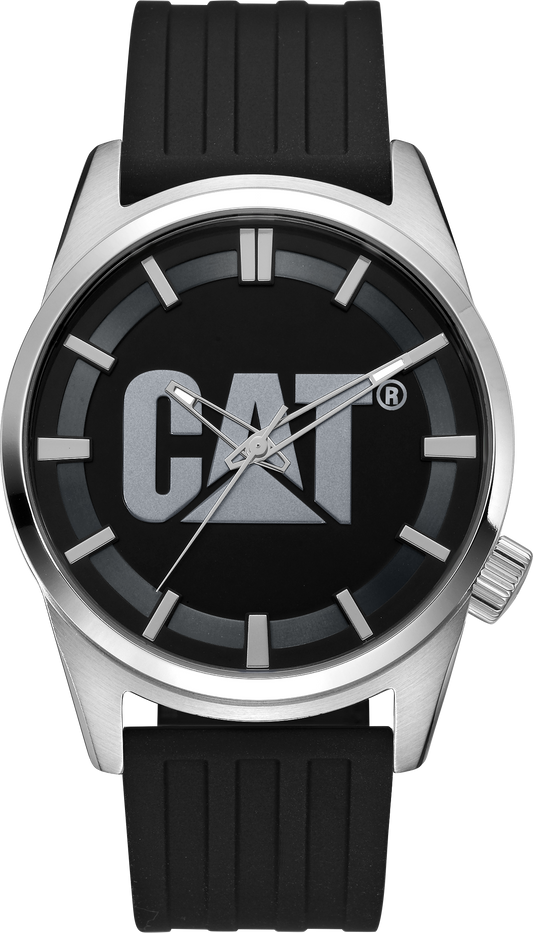 Reloj Icon de acero inoxidable con esfera negra y plateada y correa de silicona.